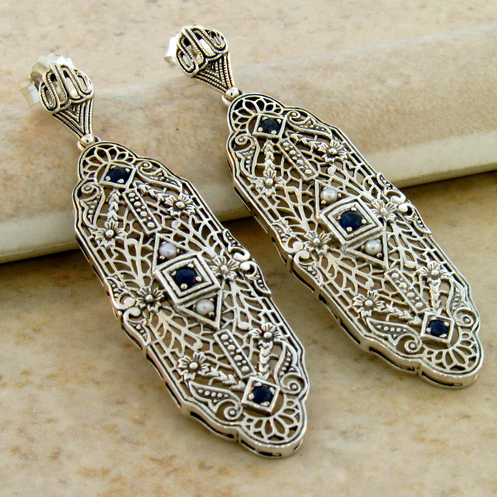 GENUINE SAPPHIRE ANTIQUE ART DECO DESIGN .925 SILVER FILIGREE EARRINGS