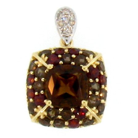 14k Genuine Smoky Quartz Garnet Diamond Pendant