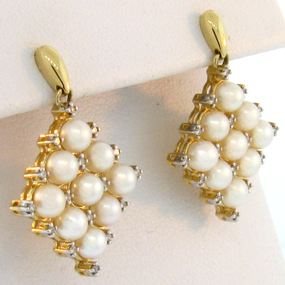 14K YELLOW GOLD GENUINE PEARL DIAMOND DANGLE EARRINGS  