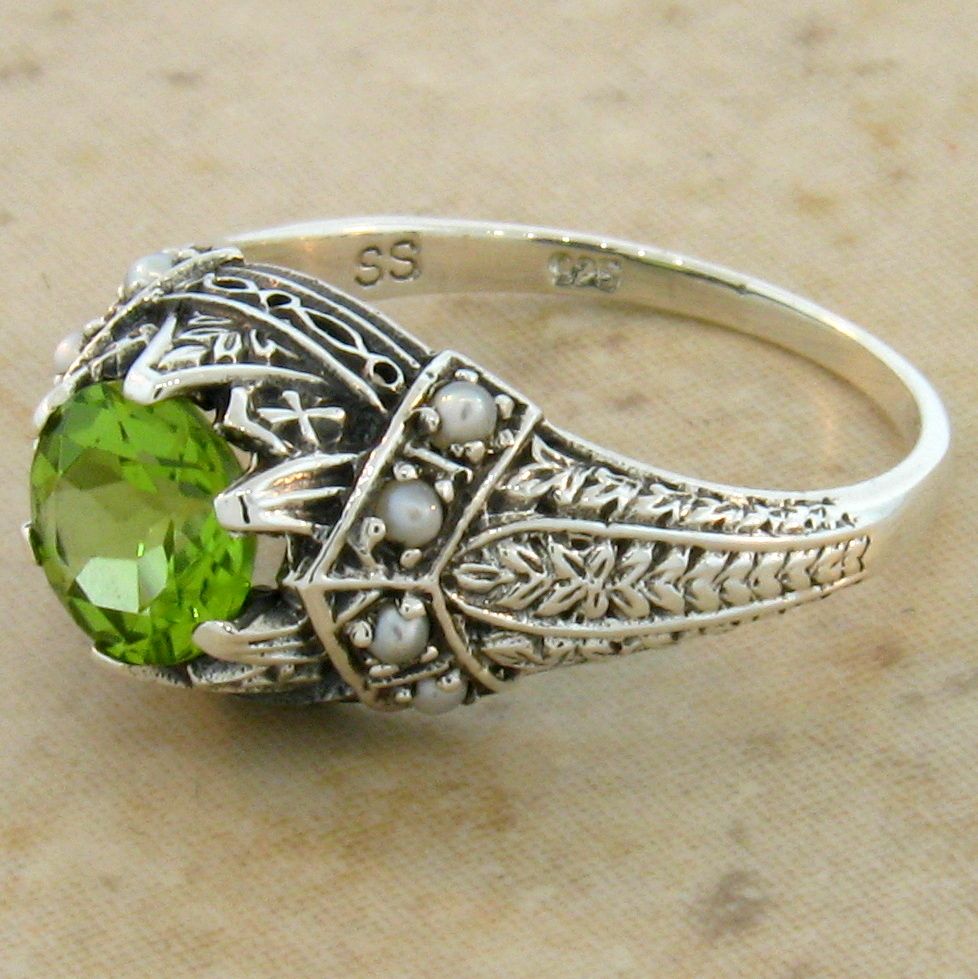 GENUINE PERIDOT PEARL ANTIQUE VICTORIAN STYLE .925 STERLING SILVER RING #419 