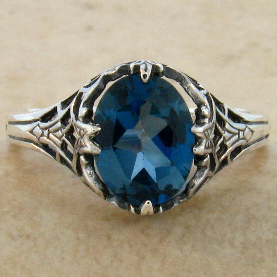 GENUINE LONDON BLUE TOPAZ ANTIQUE DESIGN .925 STERLING SILVER RING SIZE ...