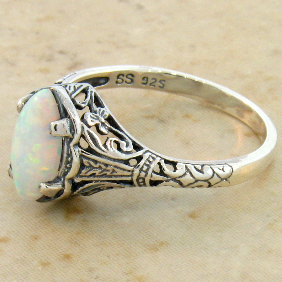 #513 VICTORIAN FILIGREE WHITE LAB OPAL .925 STERLING SILVER RING SIZE 8