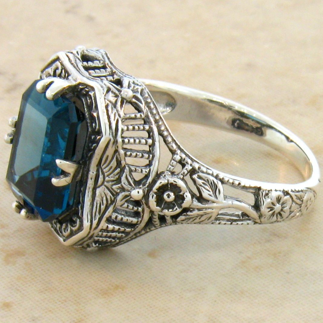 GENUINE LONDON BLUE TOPAZ ANTIQUE STYLE .925 STERLING SILVER RING, #633 ...