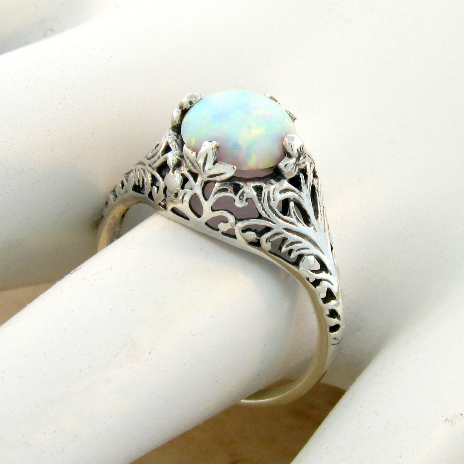 WHITE OPAL ANTIQUE FILIGREE DESIGN 925 STERLING SILVER RING SIZE 9 ...