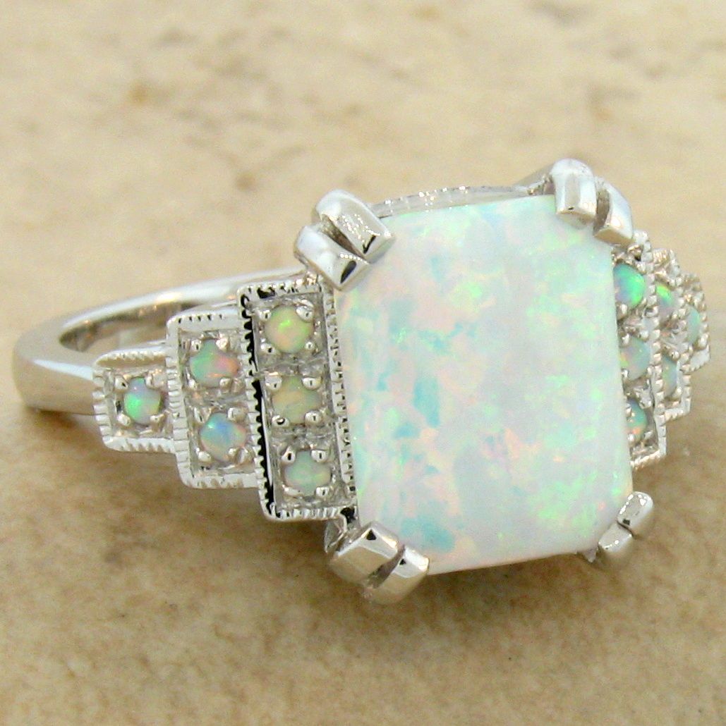 WHITE LAB OPAL ANTIQUE ART DECO STYLE 925 STERLING SILVER RING SZ 9 ...