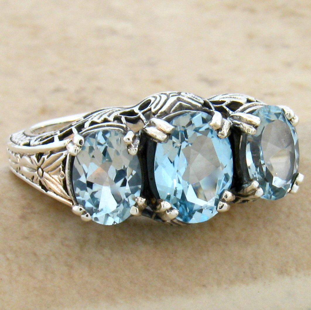 #575 GENUINE SKY BLUE TOPAZ PEARL 925 STERLING SILVER ANTIQUE STYLE RING SIZE 9