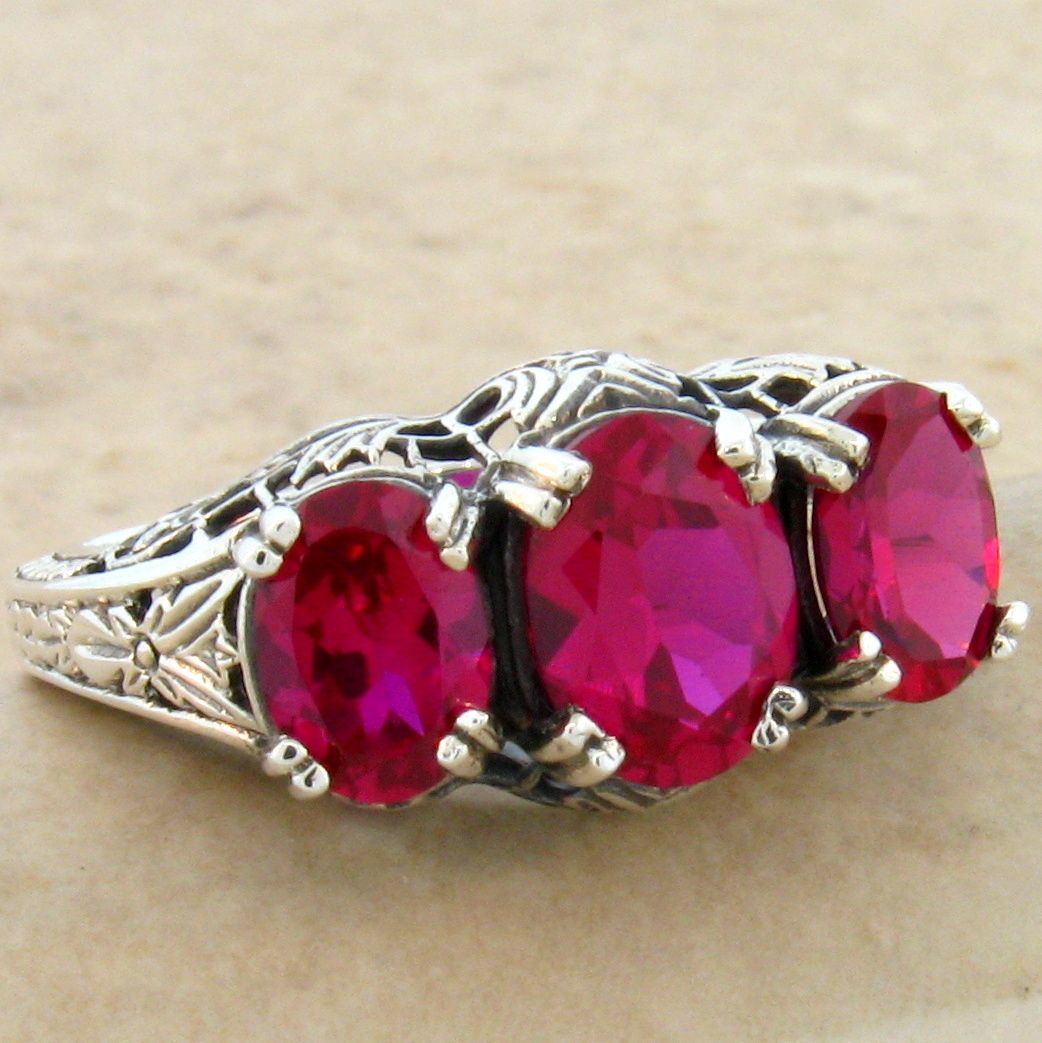 2.5 CT LAB Ruby Antique Filigree Design 925 Sterling Silver Ring SZ 7.75 KN-4003 