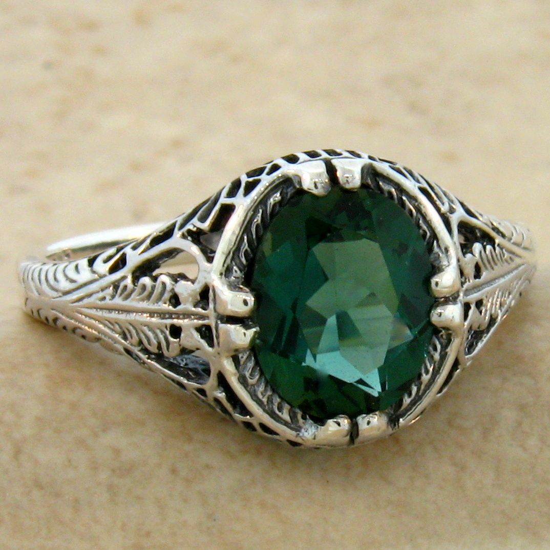 GREEN LAB AMETHYST 925 STERLING VICTORIAN ANTIQUE DESIGN SILVER RING SIZE 9,#766