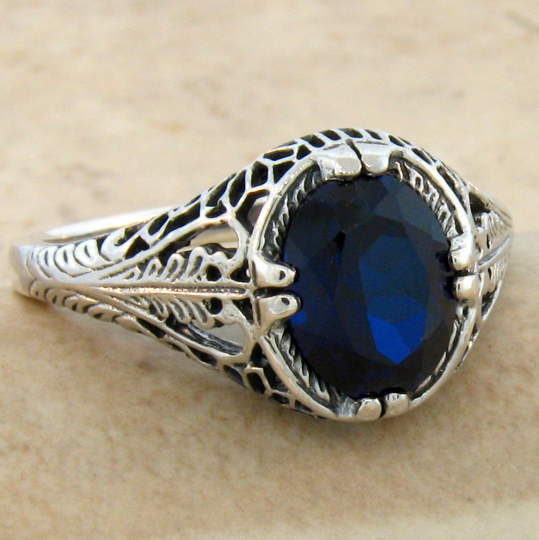 ANTIQUE STYLE .925 STERLING ROYAL BLUE LAB SAPPHIRE SILVER RING, #806 ...