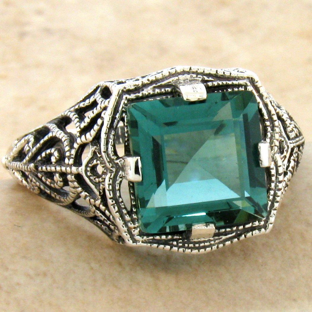 #828 MERMAID RING VICTORIAN 925 STERLING SILVER GREEN LAB AMETHYST SIZE 10
