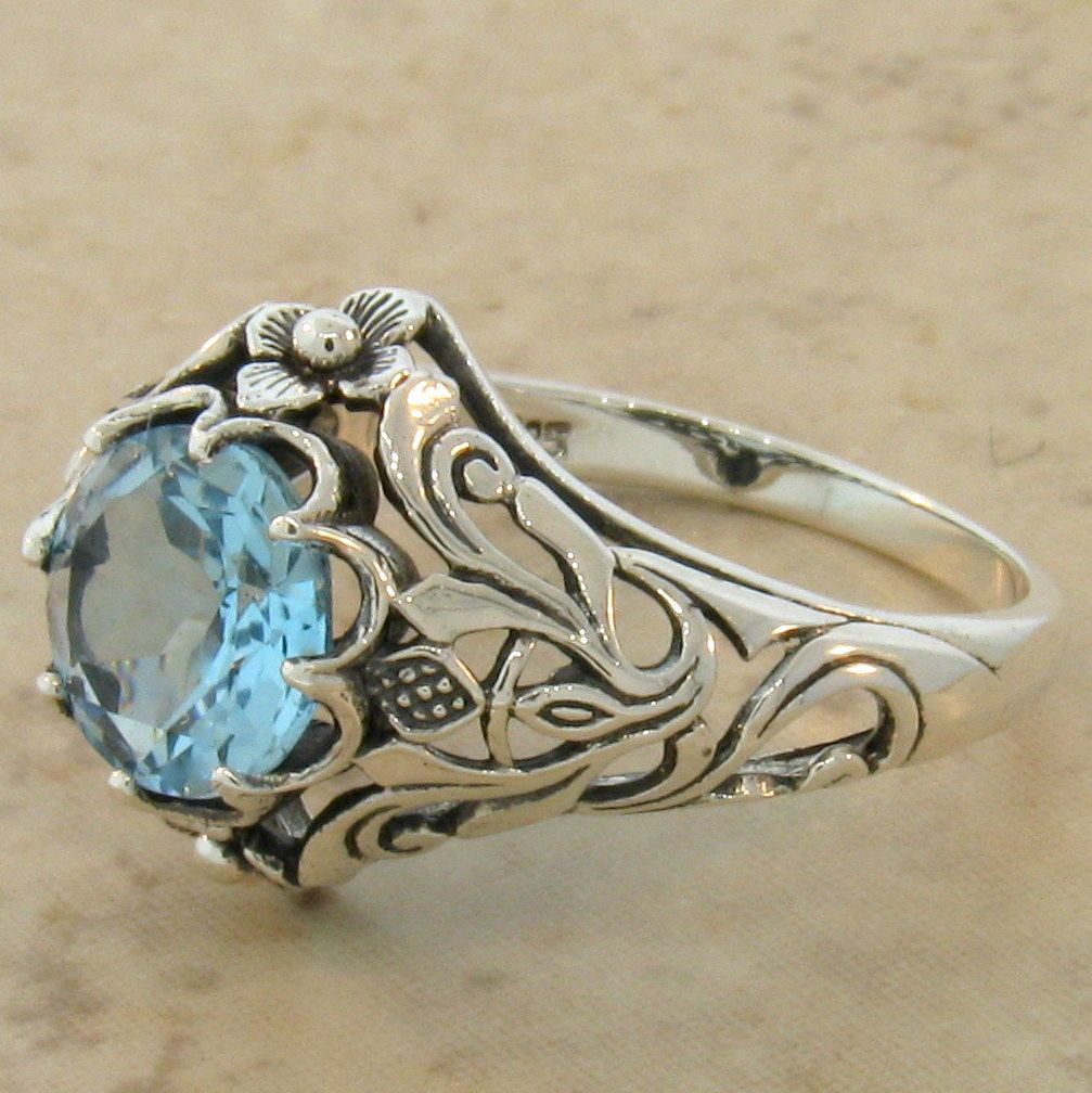 Fine Jewelry GENUINE SKY BLUE TOPAZ ANTIQUE NOUVEAU STYLE .925 SILVER ...
