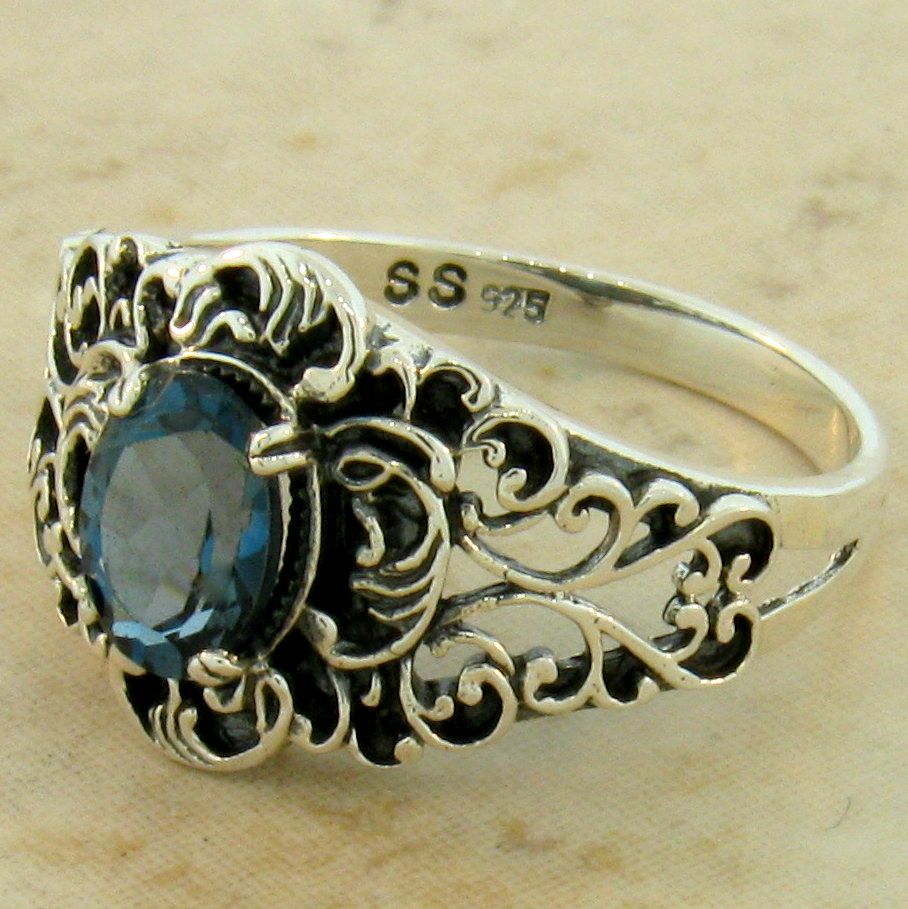 GENUINE LONDON BLUE TOPAZ 925 STERLING SILVER ANTIQUE STYLE RING SIZE 6 ...
