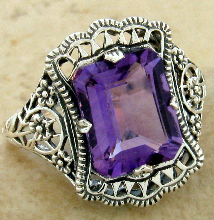 #964 GENUINE BRAZILIAN AMETHYST 925 STERLING SILVER ANTIQUE NOUVEAU STYLE RING 