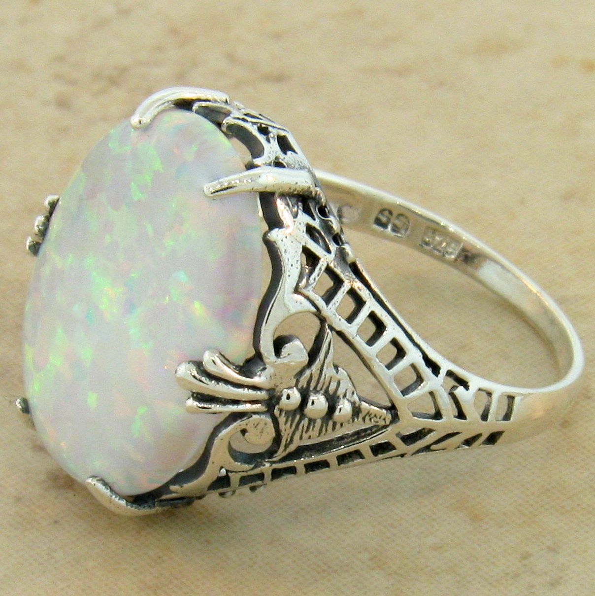 VICTORIAN ANTIQUE STYLE 925 STERLING SILVER LAB OPAL FILIGREE RING SIZE ...
