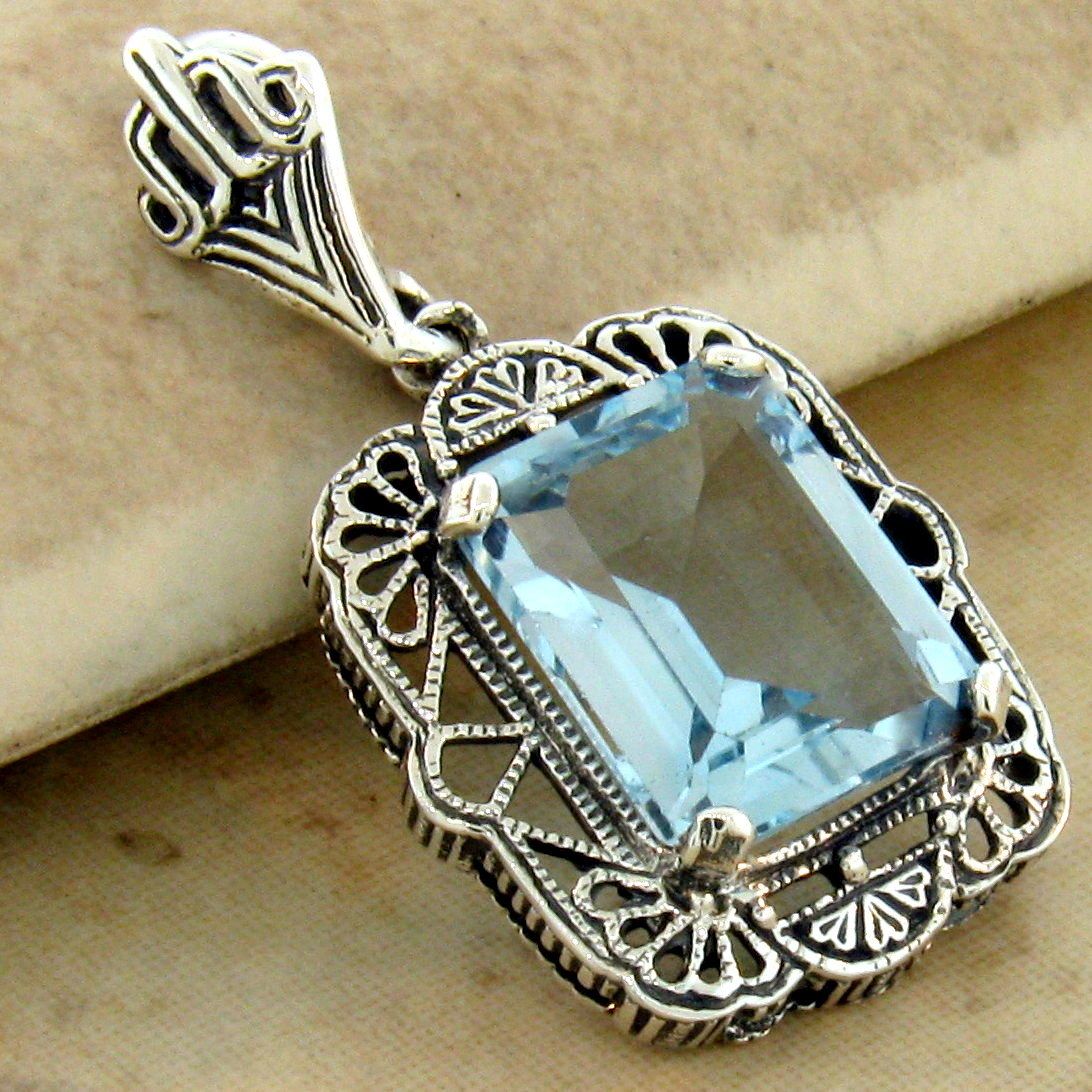 GENUINE 3 CT SKY BLUE TOPAZ 925 SILVER ANTIQUE STYLE FILIGREE PENDANT