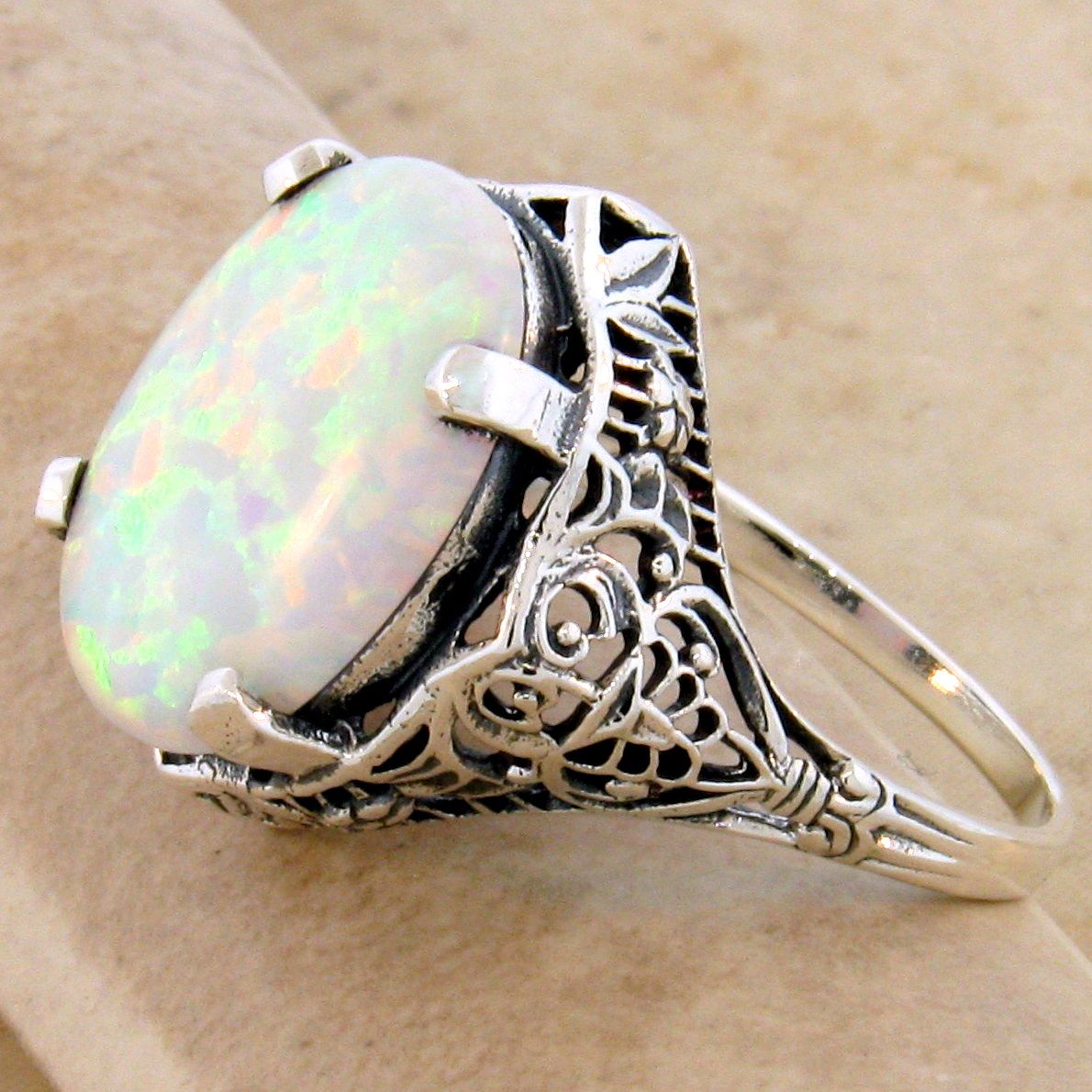 ANTIQUE STYLE VICTORIAN 925 STERLING SILVER LAB OPAL FILIGREE RING ...
