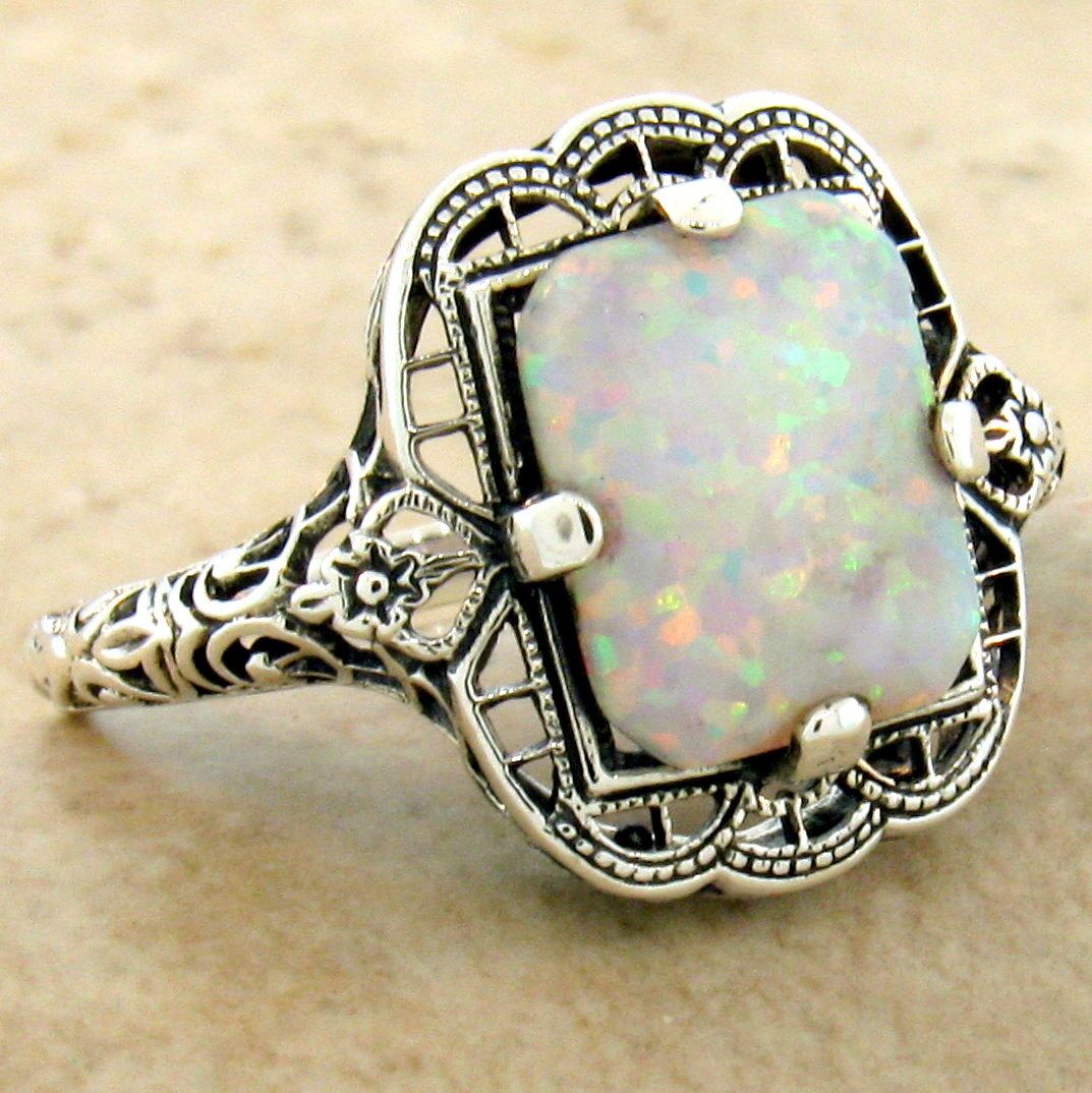VICTORIAN 925 STERLING SILVER ANTIQUE STYLE LAB OPAL FILIGREE RING ...