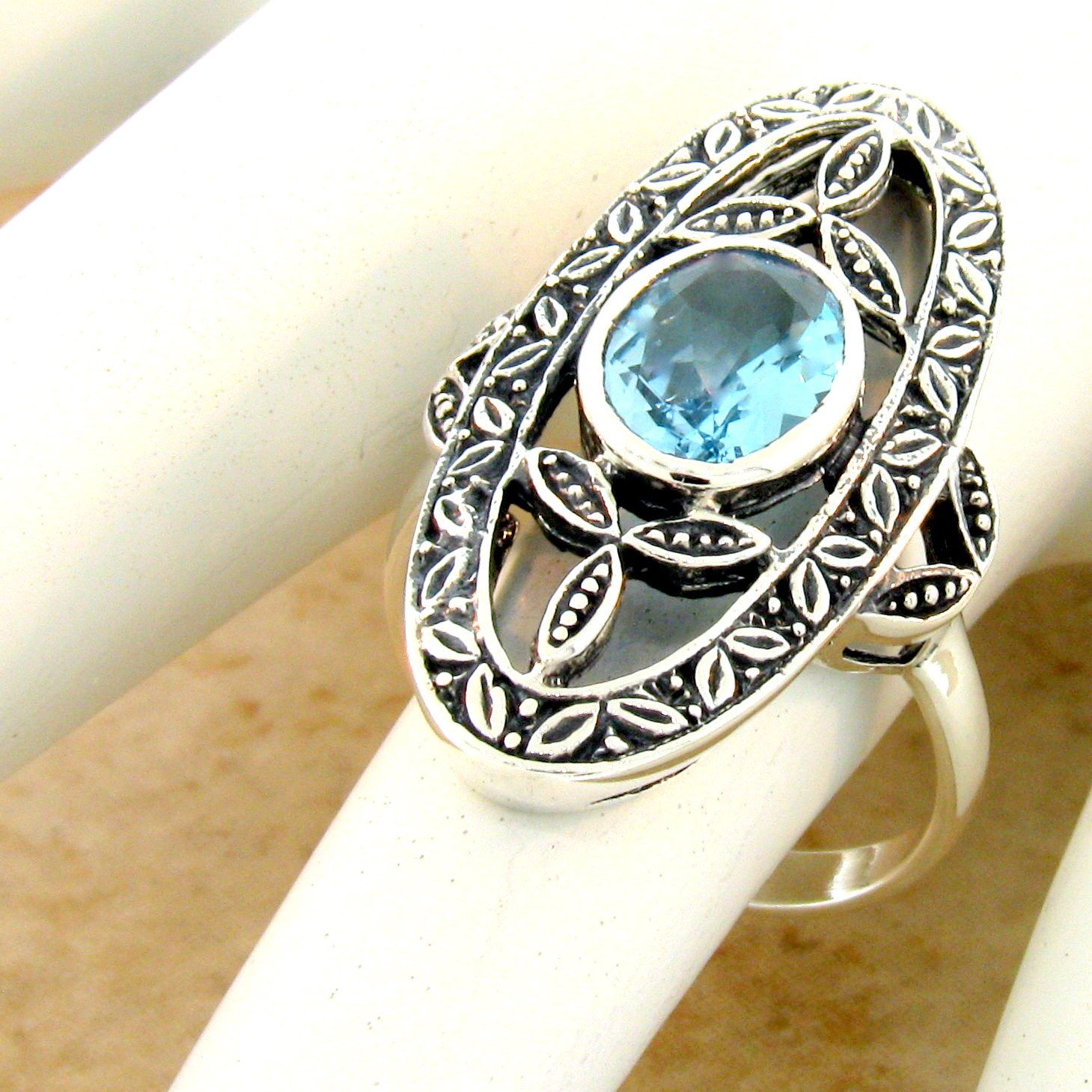 2 CT GENUINE BLUE TOPAZ 925 STERLING SILVER VICTORIAN ANTIQUE STYLE RING #1097