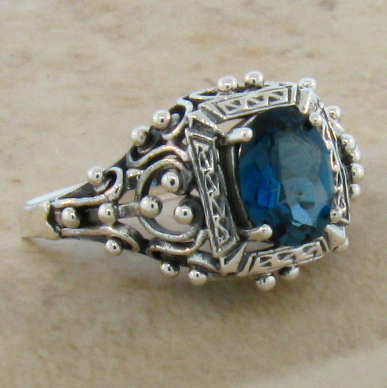 GENUINE LONDON BLUE TOPAZ 925 STERLING SILVER ANTIQUE STYLE RING SIZE 10,#709