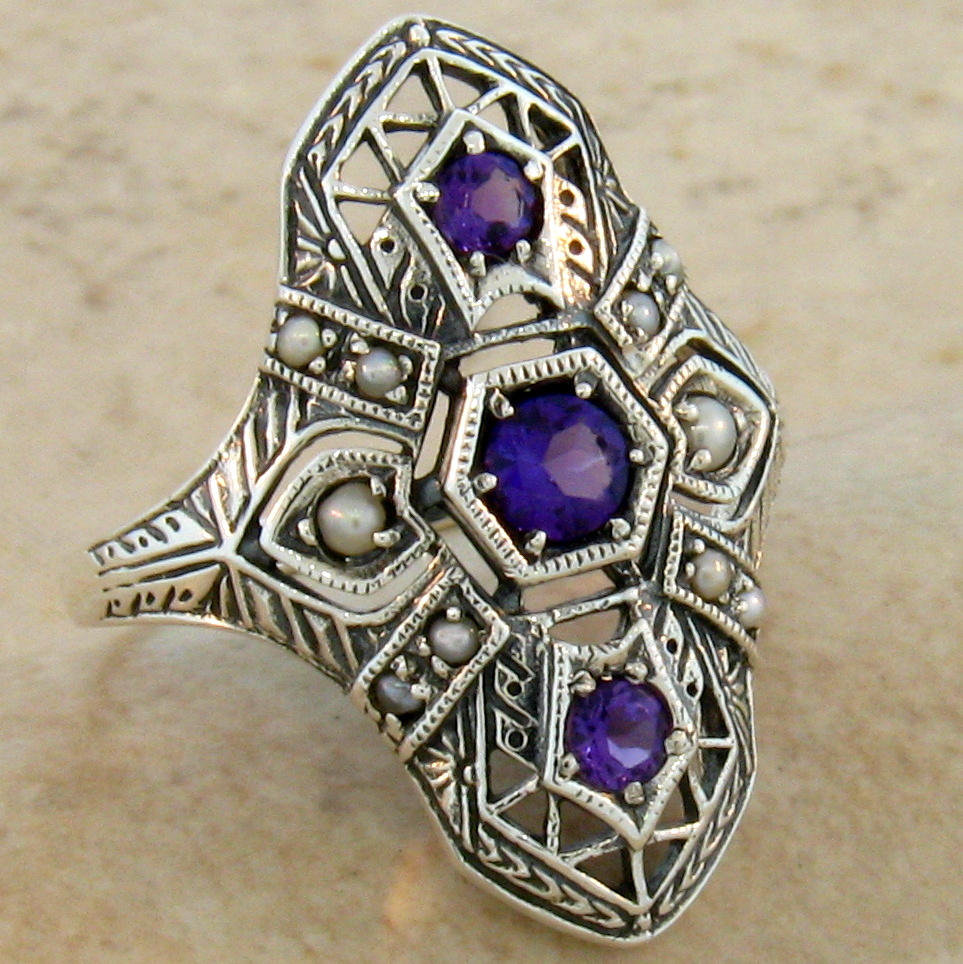 GENUINE AMETHYST .925 STERLING SILVER ART DECO ANTIQUE STYLE RING SIZE 10 #248