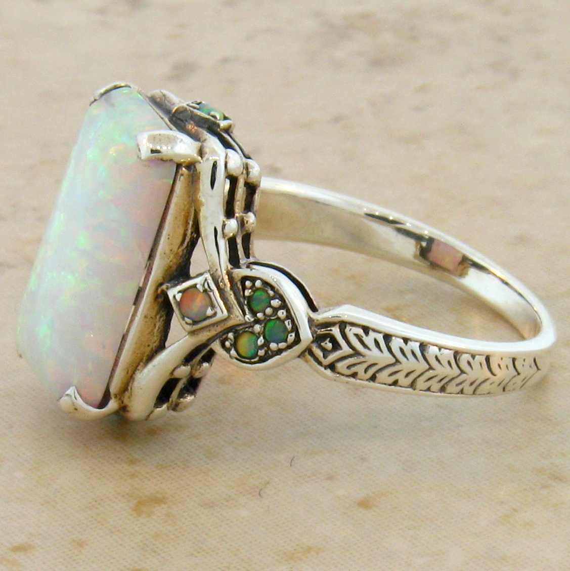LAB OPAL ANTIQUE VICTORIAN STYLE 925 STERLING SILVER RING SIZE 10, #462