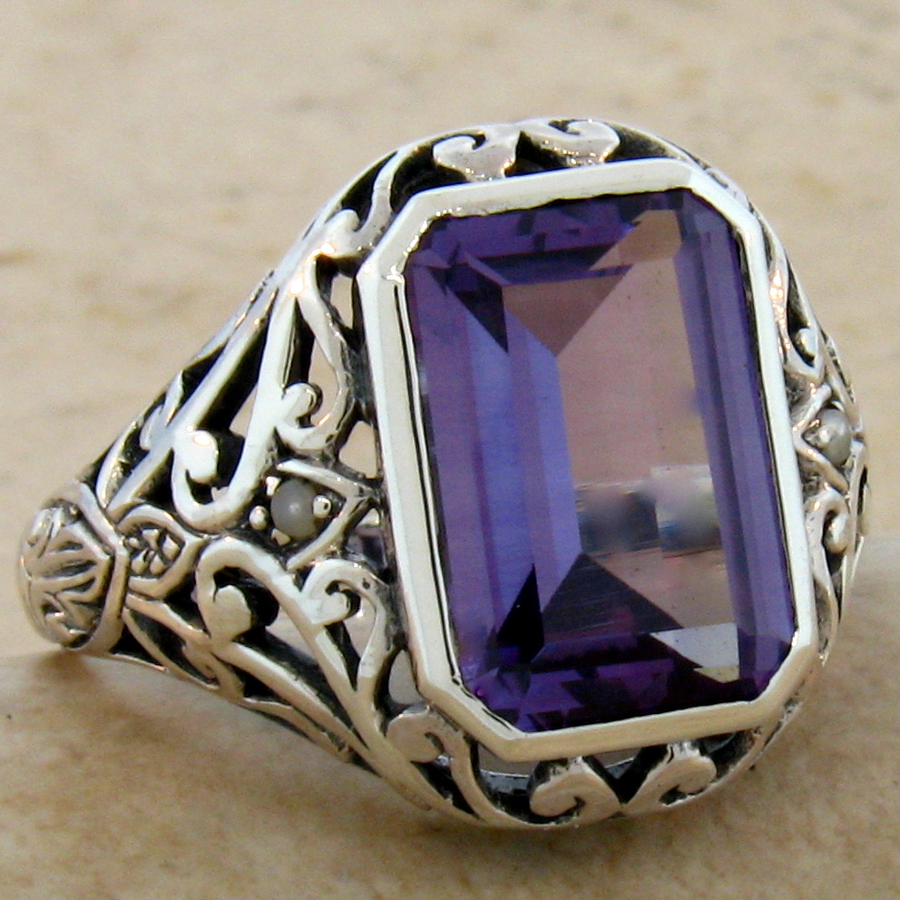 #326 LAB ALEXANDRITE ANTIQUE NOUVEAU STYLE .925 STERLING SILVER RING SIZE 7